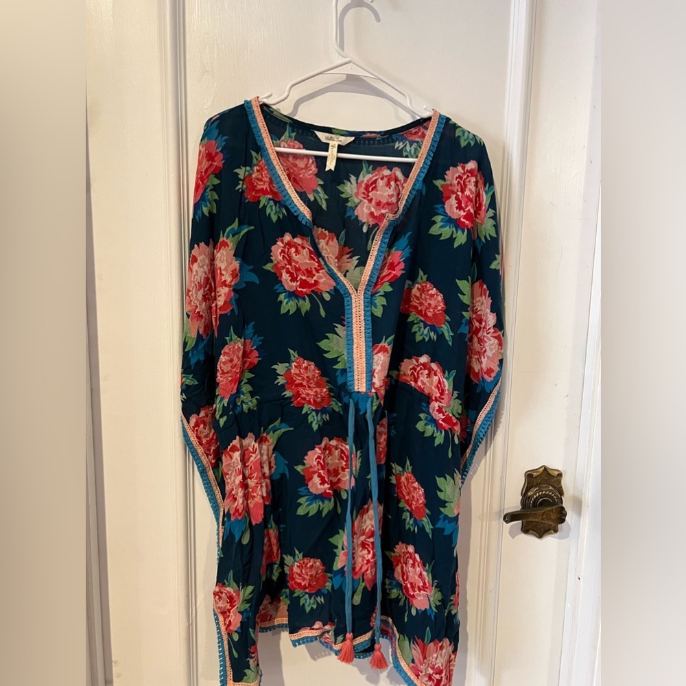 Matilda Jane Blue Pink Flower Peony Cotton Beach Swimsuit Summer Cover Up M